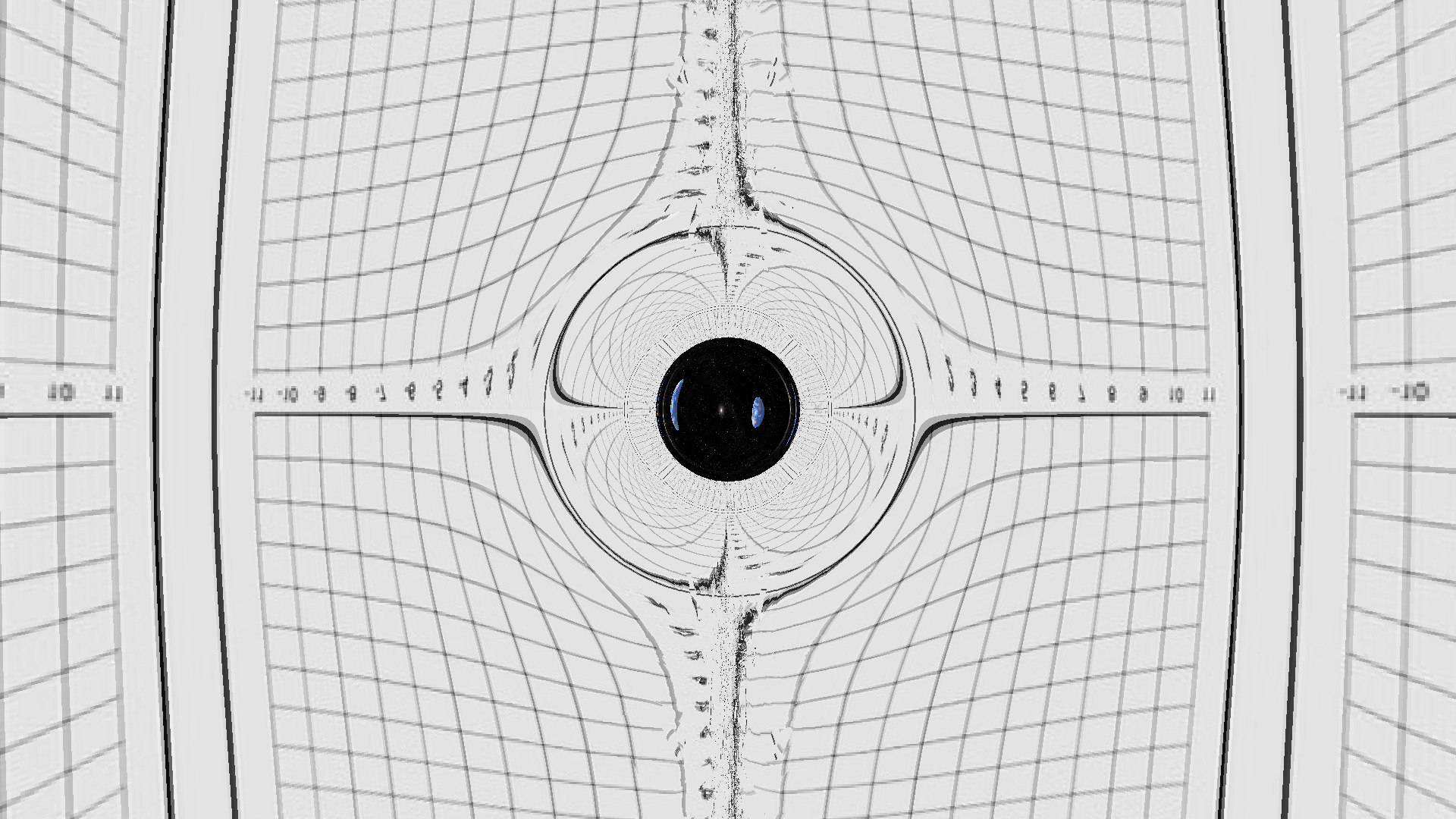  The distortion above and below the wormhole is caused by the axial coordinate
singularity. This image shows what happens if it is not
removed.